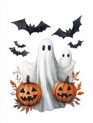 Poster - A watercolor illustration of two friendly ghosts, bats, and pumpkins for a spooky Halloween.