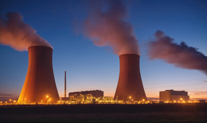 Two large cooling towers release steam into the evening sky above a power plant