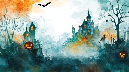 Sticker - A whimsical watercolor illustration depicting a spooky Halloween scene with a haunted house, jack-o-lanterns, bats, and a mysterious foggy forest, creating a perfect Halloween atmosphere.