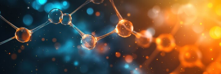 Fototapete - Abstract representation of molecules and chemical structures set against a vibrant background of blue and orange. Generative AI