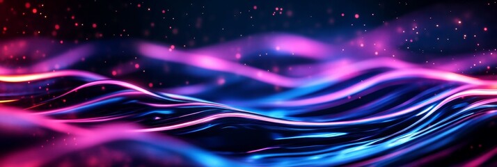 Poster - Abstract neon lights dance and ripple across a wavy surface, creating a mesmerizing and dynamic scene. This image embodies movement, energy, and the intersection of technology and art.