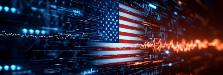 Poster - American flag digital pattern background with data and signal, representing the digital era, technology, innovation, progress and data security.