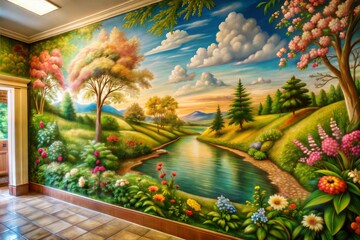 Wall Mural - Beautiful mural of serene countryside with river and flowers