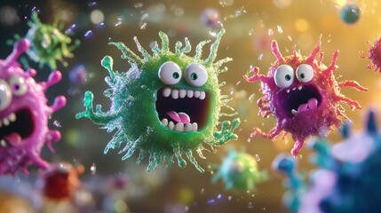 Colorful cartoon viruses with expressive faces, floating in a vibrant microscopic environment. A whimsical take on microorganisms.