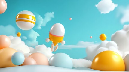 Sticker - Colorful 3D cartoon background with flying rocket, clouds, and spheres, perfect for children's designs, invitations, and illustrations.