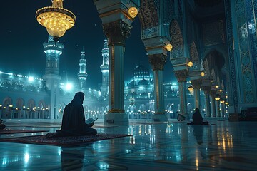 A group of people are sitting in a mosque