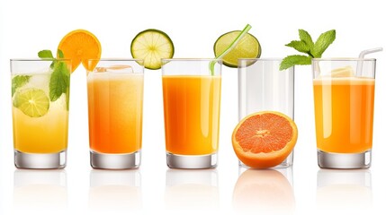 Wall Mural - Four glasses of freshly squeezed juice with various citrus fruits and mint leaves, showcasing a healthy and vibrant beverage option.