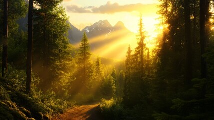 Poster - Golden Sunlight Filtering Through Trees Illuminates a Mountain Path:  Peaceful, tranquil, scenic forest path, sunrise, mountains, nature