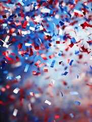 Sticker - Red, white, and blue confetti falling against a blurred background, symbolizing celebration, joy, patriotism, party, and festivity.