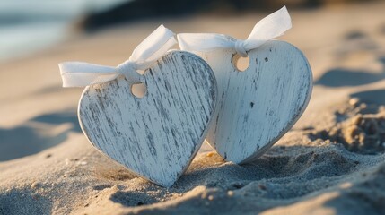 Two white wooden hearts tied with ribbons, resting on a sandy beach with a blurred ocean background