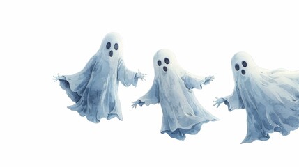 Poster - Three playful ghosts, with big eyes and open mouths, float in the air against a white background. They are playful and inviting, perfect for a Halloween party or decoration.