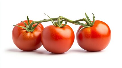 Wall Mural - Three whole ripe tomatoes on a vine, isolated on a white background. Perfect for use in recipes, food photography, or as a visual element for healthy eating.