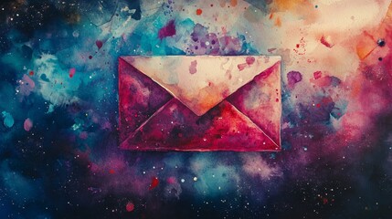 Sticker - Watercolor painting of an envelope against a cosmic background, symbolizing connection, communication, dreams, imagination, and the universe.