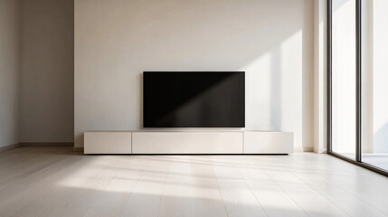 Poster - Modern living room with a minimalist design featuring a large television and ample natural light during daylight hours