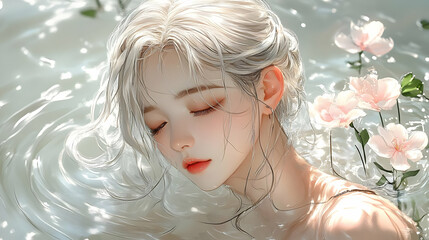 Wall Mural - Water, Flowers, and a Girl: Digital Art Illustration