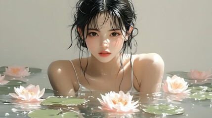 Poster - Water Lily Dreams: A Woman Bathes in Nature's Tranquility