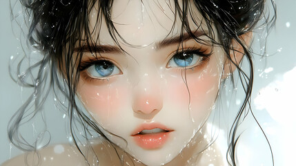 Sticker - Water Drops on Face, Anime Girl, Blue Eyes, Wet Hair