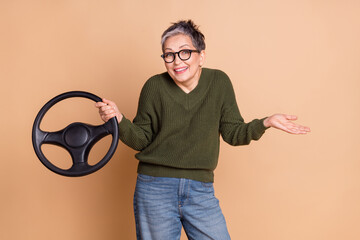 Sticker - Photo of charming funny woman wear green stylish clothes hold steering wheel oops isolated on beige color background