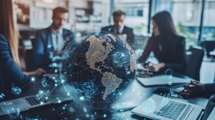 Poster - Business Professionals Collaborating with Digital Globe Overlay