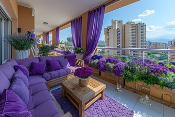 Wall Mural - A purple couch is on a balcony with a view of a city