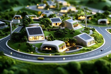Aufkleber - 3D digital model of a futuristic eco-city, powered by renewable energy, where users can explore solar-powered homes, wind turbines, and green infrastructure