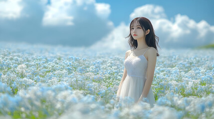 Wall Mural - Woman in White Dress Standing in a Field of Blue Flowers