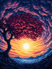 Aufkleber - Vibrant sunset with tree silhouette