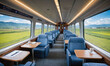 © Miklos - A train car interior with blue seats and tables, a large window with a view of mountains and fields
