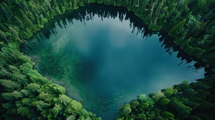 Wall Mural - Aerial view of a clear lake reflecting lush forest with distant rocky islands