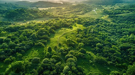 Poster - Lush forest with winding trails clearings and distant views of hills and river