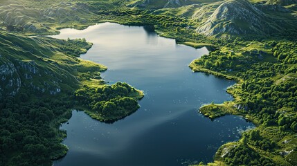 Wall Mural - Aerial view of a tranquil mountain lake with forests and rocky outcrops