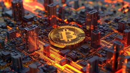 a bitcoin wallpaper with chips of computre like a city, back ligth