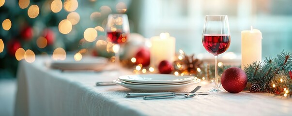 A beautifully decorated Christmas dining table featuring red wine glasses, candles, and festive ornaments, creating a warm and inviting holiday atmosphere.