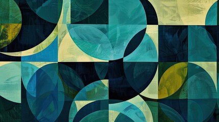 Abstract with bold green and blue round shapes connected by geometric lines