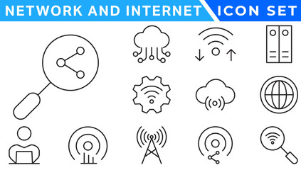 Poster - Network and Internet outline icons. linear icon collection for online, computer, network, website, server, web design, hardware, software, and programming. Solid icons illustration collection