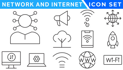 Poster - Network and Internet outline icons. linear icon collection for online, computer, network, website, server, web design, hardware, software, and programming. Solid icons illustration collection