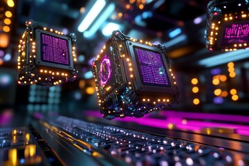 Aufkleber - 3D digital world of programming, where lines of code are transformed into physical objects like floating data blocks and interactive machines