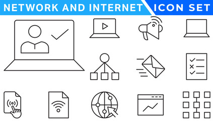 Poster - Network and Internet outline icons. linear icon collection for online, computer, network, website, server, web design, hardware, software, and programming. Solid icons illustration collection
