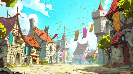 Wall Mural - Cartoonish medieval town with colorful banners and exaggerated stone buildings under clear skies