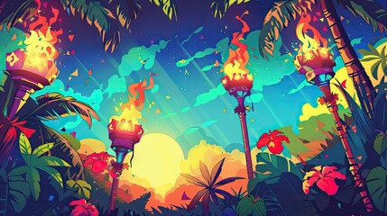 Wall Mural - Colorful tropical party with oversized tiki torches and bright decorations perfect for text