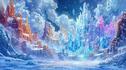 Canvas Print - Bright ice castle with whimsical formations and a dynamic sparkling sky perfect for text