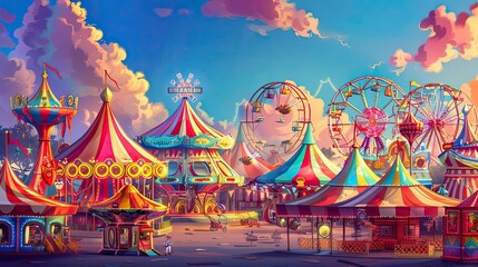 Poster - Whimsical carnival scene with exaggerated rides and colorful tents full of playful details