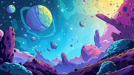 Imaginative outer space scene with exaggerated planets colorful asteroids and star formations