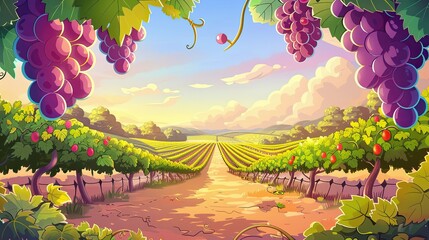 Canvas Print - Whimsical vineyard scene with colorful grapevines and a clear sky creating ample space for text