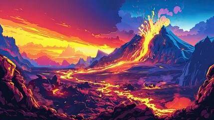 Sticker - Exaggerated volcanic landscape with vibrant lava flows colorful rocks and a bright sky perfect for text