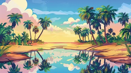 Wall Mural - Whimsical oasis scene with vibrant palm trees and colorful reflections under a bright sky perfect for text