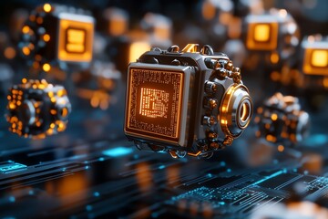 Aufkleber - 3D digital world of programming, where lines of code are transformed into physical objects like floating data blocks and interactive machines