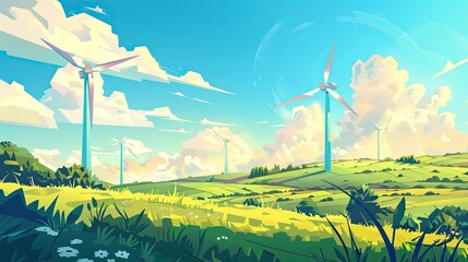 Wall Mural - Cartoonish wind farm scene with exaggerated turbines and bright clouds in clear skies ideal for text