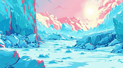 Dramatic glacier with colorful ice formations and dynamic crevasses under a bright sky perfect for text