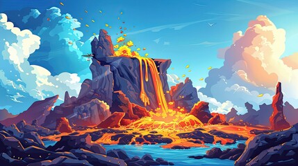 Wall Mural - Exaggerated volcanic island with vibrant lava flows and playful rocks under bright skies ideal for text